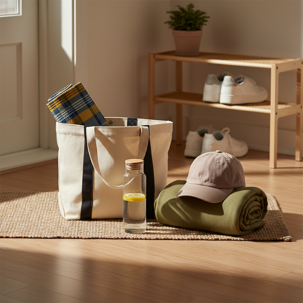 가족 체험 행사에 가져갈 외출 준비물과 안내 메모가 현관에 정리된 장면