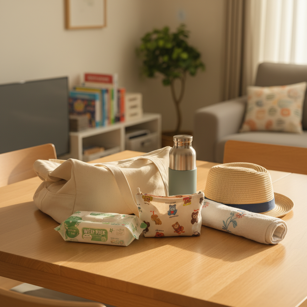 주말 외출 가방과 물병, 간식 파우치, 물티슈를 다시 정리한 생성 이미지